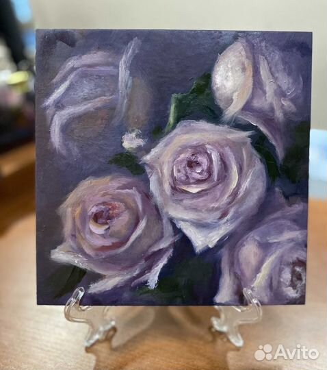 Картина маслом с цветами 20х20 см с подставкой