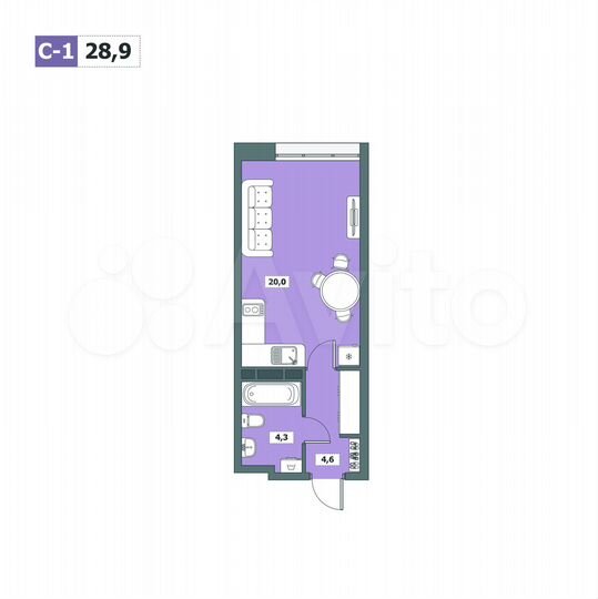 Квартира-студия, 28,9 м², 5/15 эт.