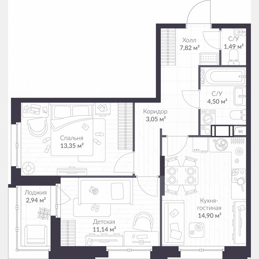 2-к. квартира, 57,7 м², 7/11 эт.