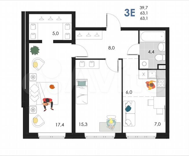 3-к. квартира, 63,1 м², 1/6 эт.
