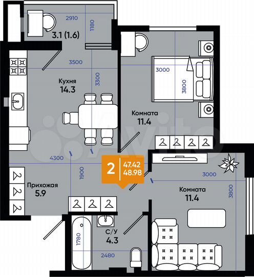 2-к. квартира, 49 м², 1/9 эт.