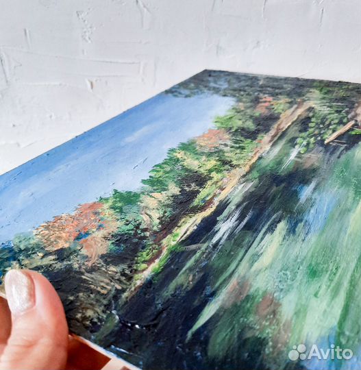 Картина с березами прудом Пейзаж озеро Лес Этюд