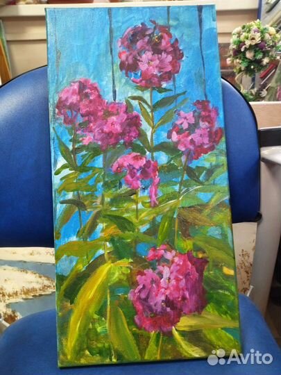 Картина маслом морской пейзаж, натюрморт, сирень