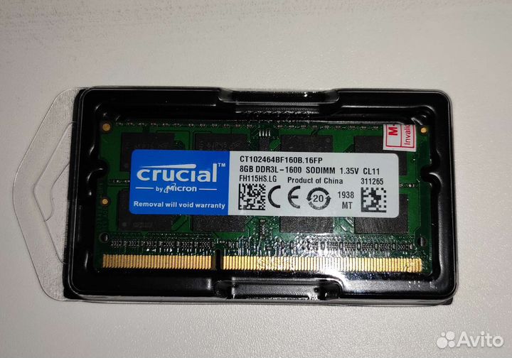 Новая Crucial 8GB ddr3l So-dimm ct102464bf160b