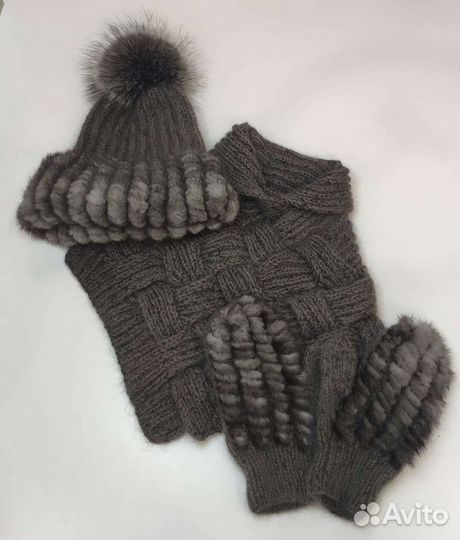 Шапка, варежки, снуд из пуха норки