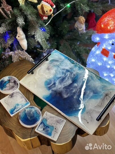 Поднос с подстаканниками из смолы «Море»