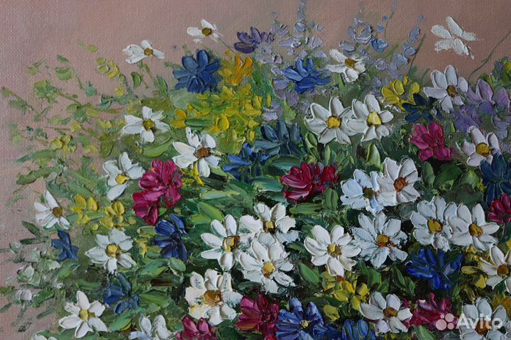 Картина маслом Ромашки и Полевые Цветы 35х40см