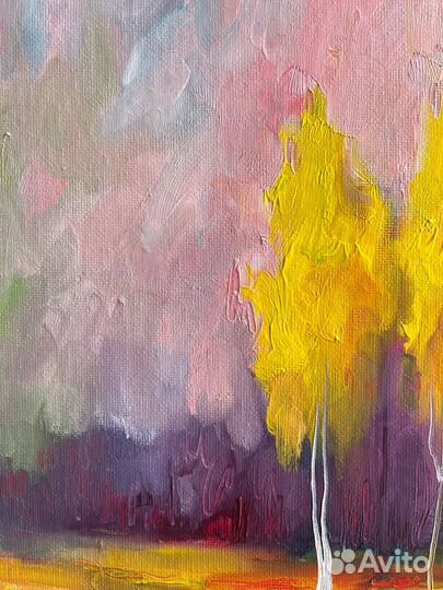 Картина с пейзажем осень утро березы масло холст