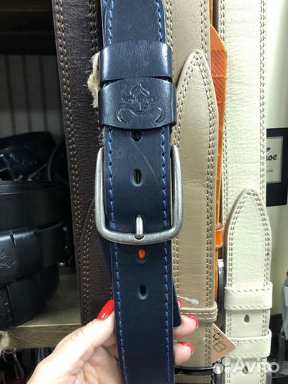 Ремень темно синий кожа буйвола