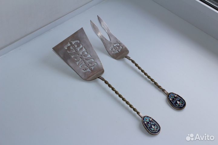 Большие лопатка и вилка мельхиор эмаль