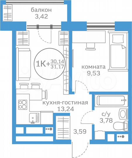 1-к. квартира, 30,1 м², 19/20 эт.