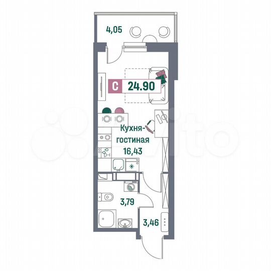 Квартира-студия, 24,9 м², 11/16 эт.