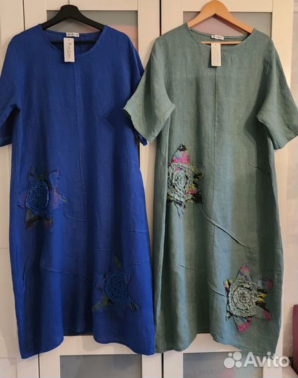 Новое Платье р.46-52 Италия Лен Синий Бирюз