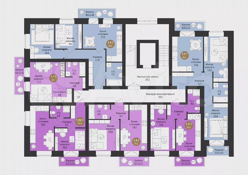 2-к. квартира, 58,6 м², 7/7 эт.