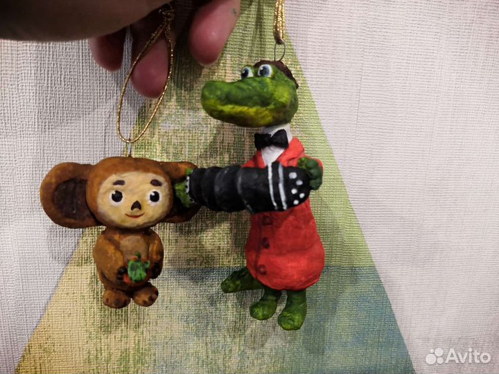 Ватная новогодняя елочная игрушка Чебурашка и Гена