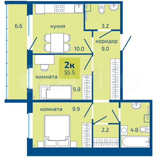 2-к. квартира, 55,5 м², 1/10 эт.