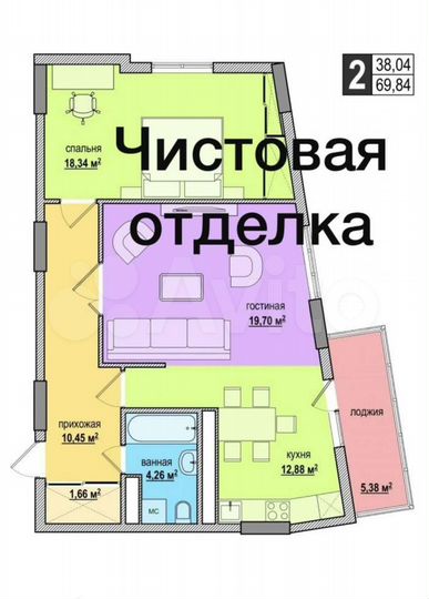 2-к. квартира, 69,8 м², 21/25 эт.