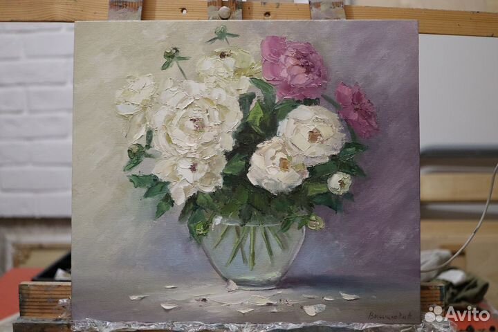 Картина маслом Цветы Пионы 35х40см холст картон