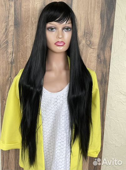 Парик черный длинные прямые волосы с чёлкой