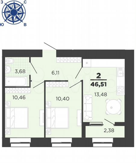 2-к. квартира, 46,5 м², 11/16 эт.