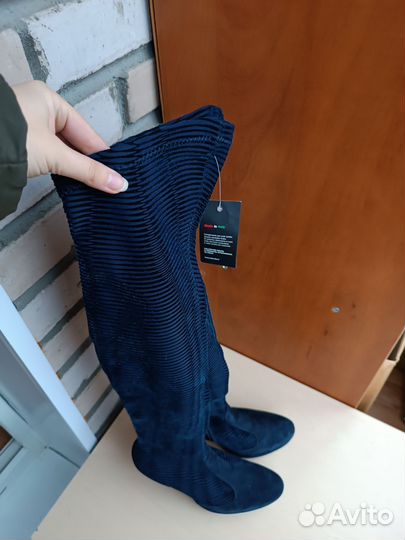 Бархатистые синие сапоги чулки Италия новые 36