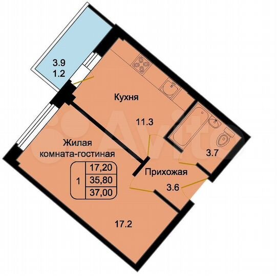 1-к. квартира, 37 м², 1/8 эт.