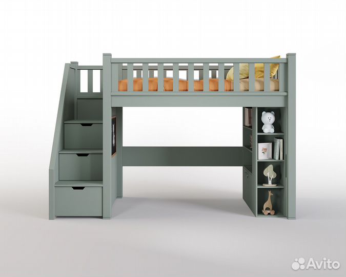 Кровать-чердак со стеллажом и лестницей с ящиками