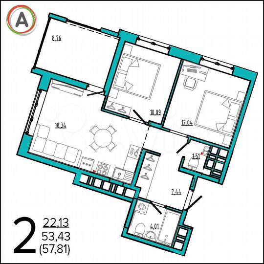 2-к. квартира, 57,9 м², 8/16 эт.