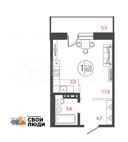 1-к. квартира, 33,4 м², 3/4 эт.