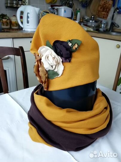 Комплент шапка+снуд(горчичный с бордо) шерсть,цвет