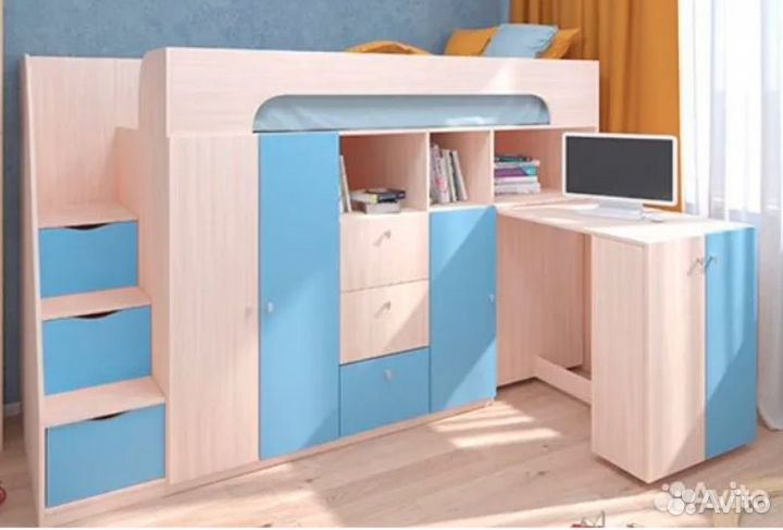 Кровать Чердак Со Столом и шкафом Дуб Молочный/Ора