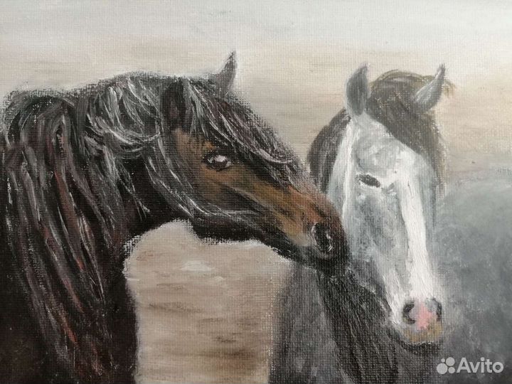 Картина маслом на холсте 30* 35см лошади 