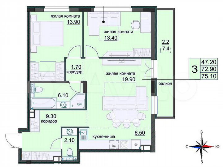 3-к. квартира, 75,4 м², 5/8 эт.