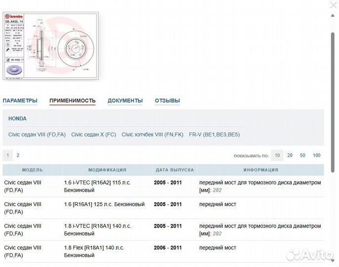 Тормозные диски honda civic Brembo