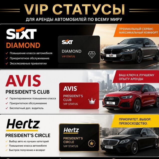 VIP статус Sixt/Avis/Hertz для аренды авто