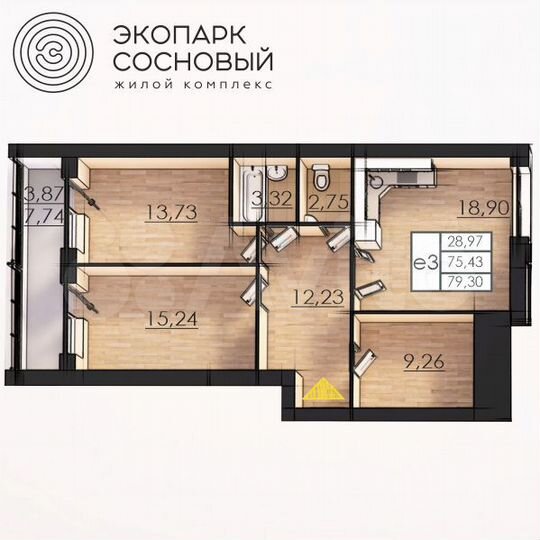 2-к. квартира, 75,4 м², 4/4 эт.