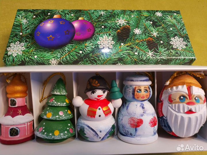 Деревянные резные ёлочные игрушки набор