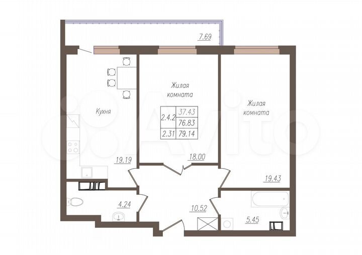2-к. квартира, 79,1 м², 11/19 эт.