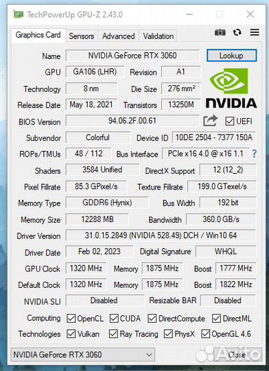 Видеокарта Colorful GeForce RTX 3060 12 гб