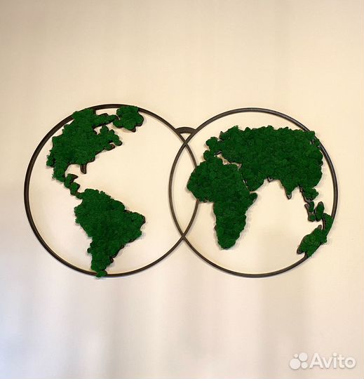 Карта мира из дерева и мха подсветка панно декор