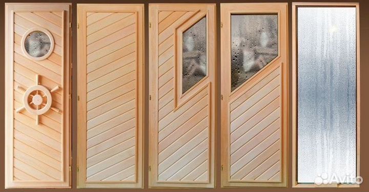 Двери стеклянные деревянные для бани
