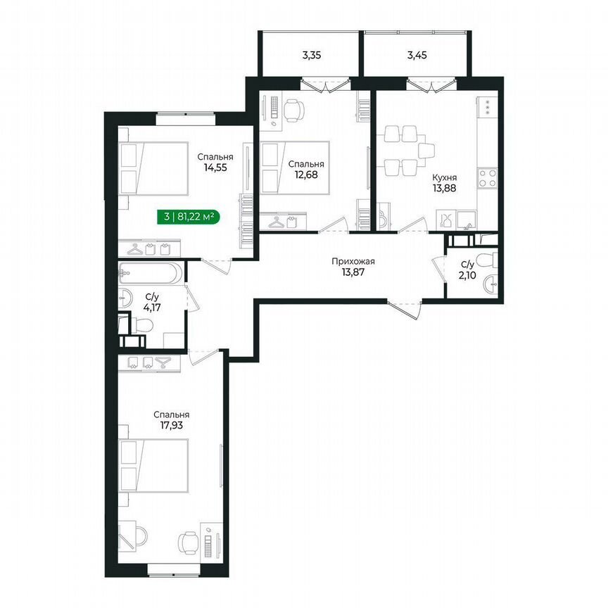 3-к. квартира, 81,2 м², 8/8 эт.