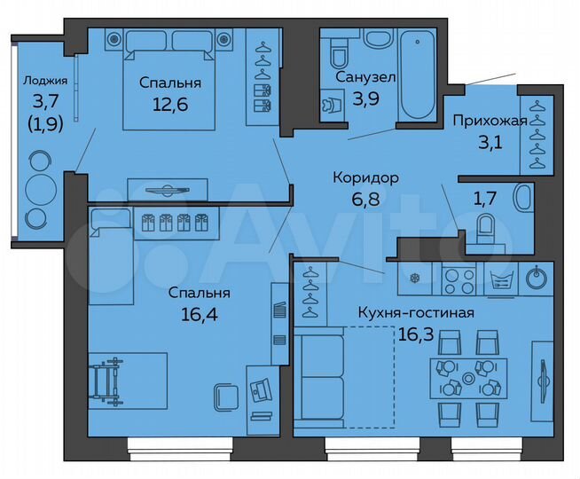 2-к. квартира, 62,7 м², 16/25 эт.