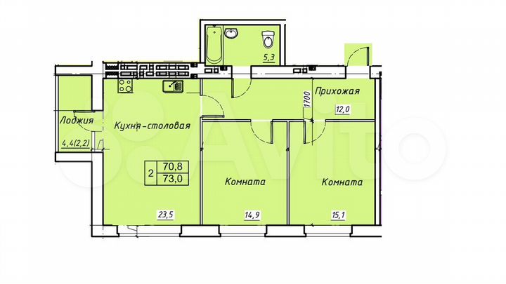 2-к. квартира, 76,1 м², 4/5 эт.