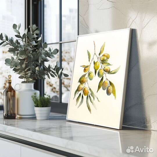 Акварельная картина - Оливковая ветвь, оливки