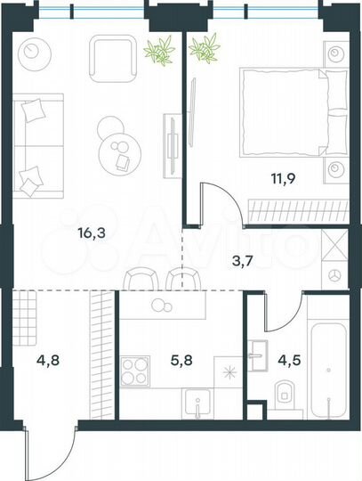 2-к. квартира, 47 м², 2/19 эт.