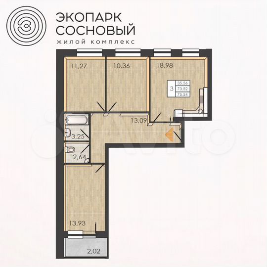 3-к. квартира, 75,5 м², 2/4 эт.