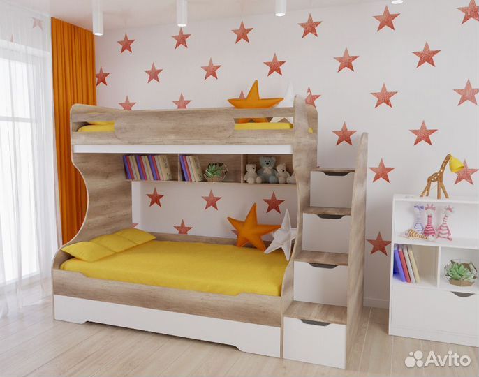 Кровать 3-х ярусная Биг 120х200 (дуб каньон+белый)