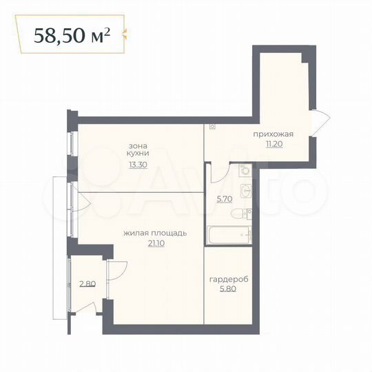 1-к. квартира, 58,5 м², 3/6 эт.