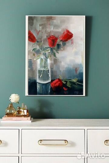 Букет роз красные цветы интерьерная картина